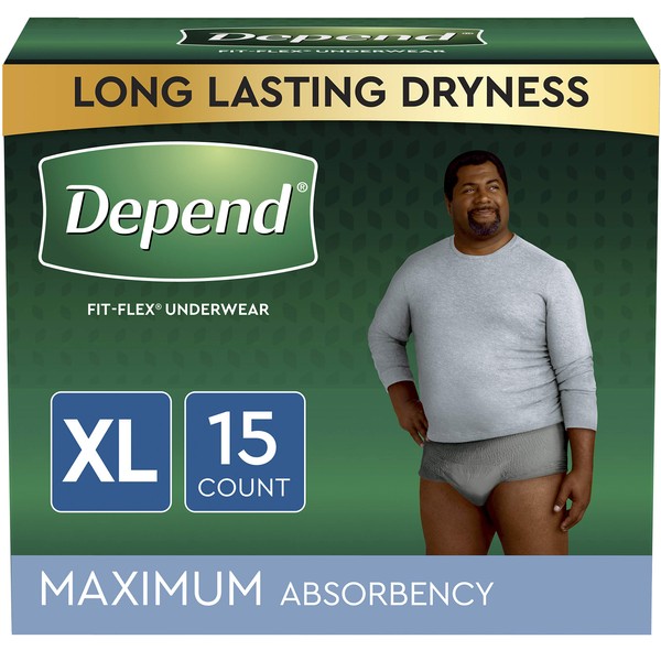 Depend FIT-FLEX Incontinence Underwear for Men, Maximum Absorbency, Disposable, Extra-Large, Grey, 15 Count
