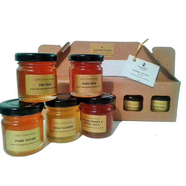 Liquid Gold ™ Greek Honey Variety Gift Set - 5 Gorgeous Jars in Gift Box
