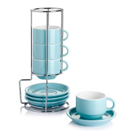 Sweese 405.402 Porcelain Stackable Espresso Cups with Saucers and Metal Stand - 4 Ounce - Set of 4,Turquoise