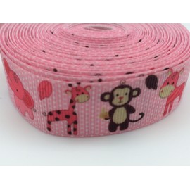 PEPPERLONELY Brand 10 Yards 22mm (7/8 Inch) Pink Safari Animal Zoo Monkey Elephant Diraffe Zebra Printed Grosgrain Ribbon