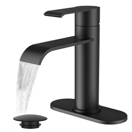 FORIOUS Black Bathroom Faucet 1 Hole, Single Handle Matte Black Waterfall Bathroom Faucet Single Hole for Rv, Lavatory, Restroom, Commercial Sinks with 3 Hole Adapter Deck Plate, Pop Up Drain
