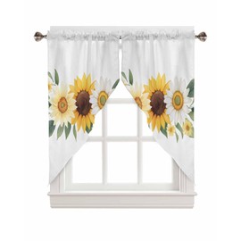 BEMIGO Swag Valances for Windows, Spring Sunflower Rod Pocket Kitchen Window Curtains Over Sink, Watercolor Pastoral Window Curtain Panel Swag Curtains Valences, 36 Inches Length