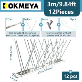 KOKMEYA Bird Spikes 9.84FT, 304 Stainless Steel Bird Deterrents Spikes for Outside to Keep Birds Away Birds Scare Devices Outdoor 12Pcs