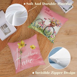 YeeJu Spring Throw Pillow Covers 18x18 Set of 4 Soft Velvet Spring Summer Floral Decorative Pillow Covers Truck Biycle Flower Cushion Covers Pillow Cases for Home Outdoor Sofa Couch Decorations (18)