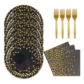 48PCS Black and Gold Plates and Napkins Party Supplies, Gold Dot Disposable Paper Plates and Napkins with Forks Tableware Set for Birthday Wedding Retirement Graduation Party Decorations 16 Guests