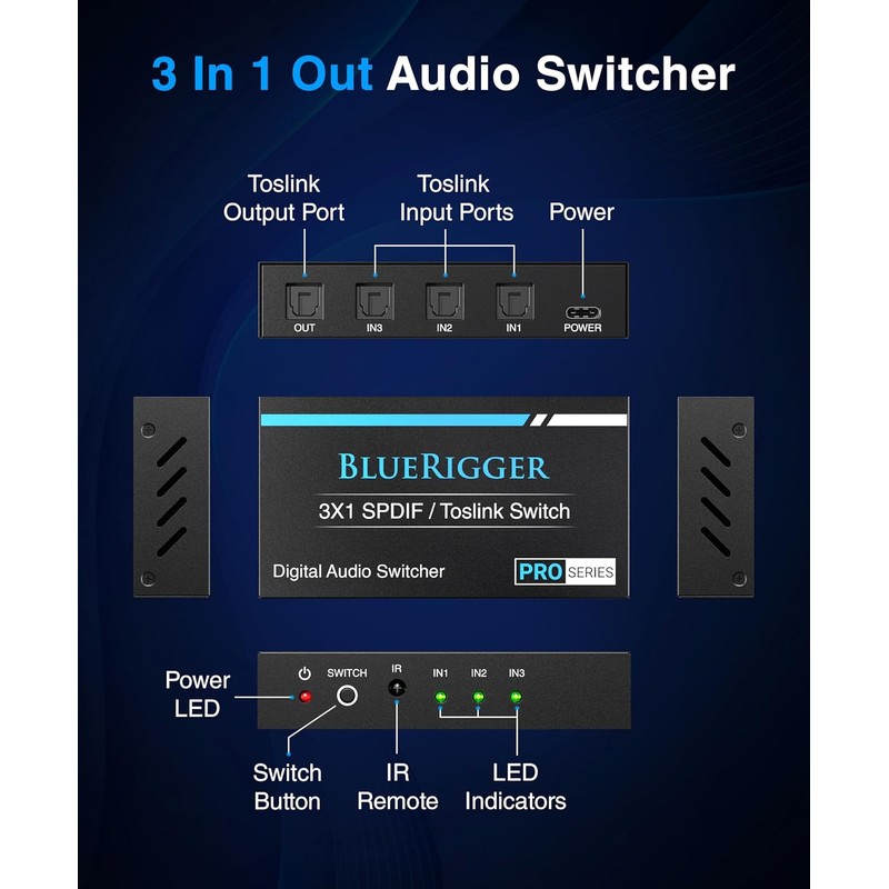 BlueRigger Digital Toslink Optical 3x1 Switch - (LPCM 2.0, SPDIF