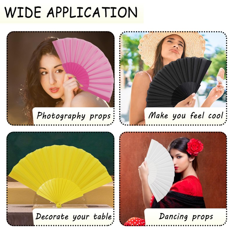Grantop 4 Pcs Black Folding Hand Fan Set, Silk Fabric