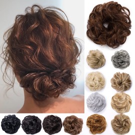 Silk-co Scrunchy Scrunchie Hair Bun Updo Ponytail Hairpiece Curly Messy Donut Chignons -Light Auburn & Dark Brown[25g]