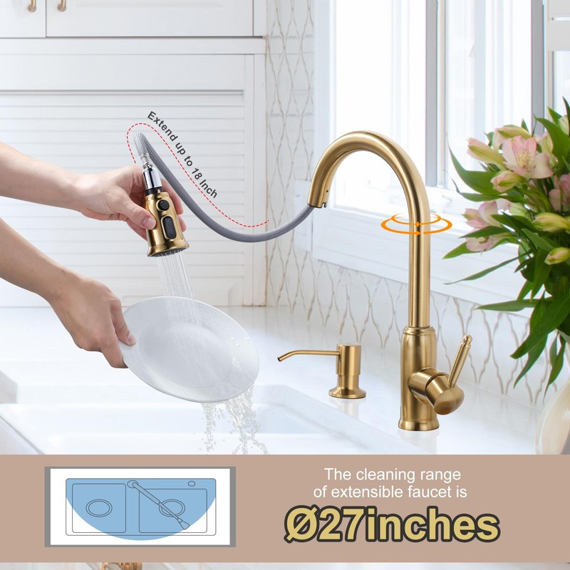 Gold Kitchen Faucet with Soap Dispenser, WOWOW Stainless Steel Kitchen
