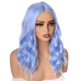 PORSMEER 14 Inches Blue Wig Short Curly Wig Bob Wig Middle Part for Women Girls Beach Wave Wigs for Daily Cosplay Costume Party,light blue