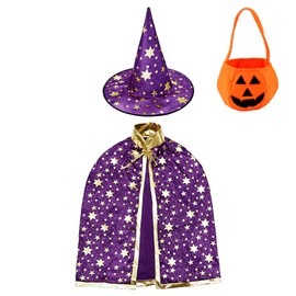 Jackcell Wizard Cape Witch Cloak with Hat and Pumpkin Bag, Halloween Costume Props for Kids Cosplay Party