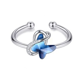 AOBOCO Infinity Butterfly Ring Sterling Silver Women Ring with Crystals from Austria, Adjustable Open Ring, Anniversary Birthday Butterfly Jewelry Gifts for Women Girlfriend Mom Wife Daughter(Blue)