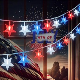 4th of July Decor Red White Blue Stars String Lights, 15 FT 30 LED Fairy Lights Battery Operated Indoor&Outdoor Star Lights for Independence Day President Day Memorial Day