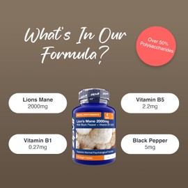 Zipvit Lion's Mane Mushroom Supplement 2000mg with B1, B5 & Black Pepper, 4 Month Supply, 120 Vegan Tablets, Supports Brain Function, Mental Performance, Reduces Fatigue, Not Powder or Capsules