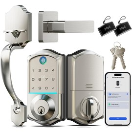 Veise Fingerprint Smart Front Door Lock Set, App Control, Keyless Entry Door Lock with Handle, Smart Deadbolt, Emergency Power Port, Touchscreen Keypad, Auto Locking, Easy Install, Satin Nickel