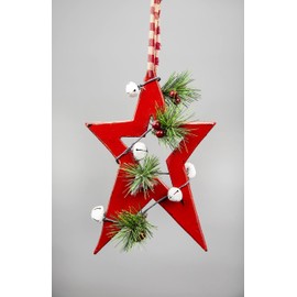 SHATCHI 26cm Red Wooden Star Wall Hanging Ornament Decorated with White Bells Berries and Pines Christmas Holiday Home Decorations, 18x1.2x26 cm