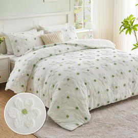 VIVILINEN Full Size Comforter Sets for Girls Floral Bedding Cute Comforter with Tufted Daisies Flowers, Lightweight Full Bed Set 3 Pieces for Kids Teen Girls Women, Green