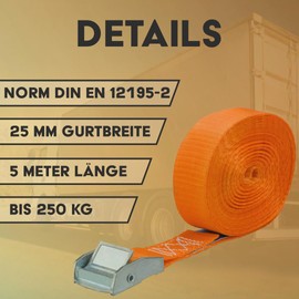 Lashing Straps with Quick Release Set of 2, 25 mm Wide, 5 m Long, up to 250 kg, Orange Lashing Strap for Load Securing Lashing Straps with Clamping Clasp, Webbing, Lashing Straps 5 m