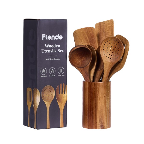 Wooden Cooking Utensils, Beautifully Handcrafted Wooden Kitchen Utensils Set with Holder, Ergonomic, Lightweight & Durable Wooden Spatulas and Spoons, Natural non-stick heat-resistant kitchen Cookware