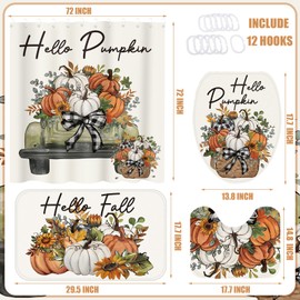Preboun 4 Pcs Fall Pumpkin Shower Curtain Set 72" Autumn Farmhouse Bathroom Curtain with 12 Hooks Non Slip Rug Toilet Lid Cover and Bath Waterproof Mat Thanksgiving Harvest Home Decor (Vintage)