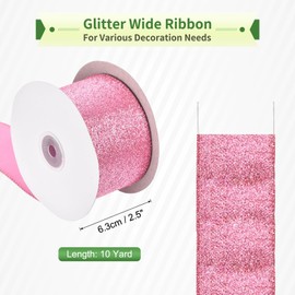 sourcing map 2.5 Inch/6.3cm Glitter Wired Ribbon, Pink Sparkly Iridescent Ribbon 10 Yard for Christmas Tree Wreath Decoration Gift Wrapping, with Metallic Edge