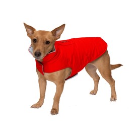 Furhaven Water-Repellent & Reversible Small Dog Coat, Washable & Reflective w/ Leash Access, Pocket, & Carry-On Purse - Puffer Dog Jacket - Red, Small