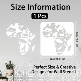 INFUNLY Africa Map Wall Stencil Africa Animals Wall Stencils for Painting 11.8X11.8 inches Reusable Africa Map Tile Stencil with Animals Pattern Elephant Lion Forest Drawing Stencils for Home Decor