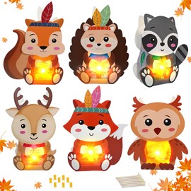 Lanterns Craft Set Children Autumn, 6 Pieces DIY St Martin Lantern for Children, Craft Saint Martin to Hedgehog, Fox, Elk, Squirrel, Raccoon, Owl with Lantern Stick, 6 sztuki lampionów