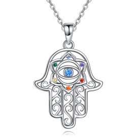 POPLYKE Hamsa Hand Pendant Evil Eye Necklace for Women 925 Sterling Silver Lotus Chakra Jewellery Gift Birthday