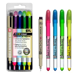 G.T. Luscombe Company, Inc. Accu-Gel/Pigma Micron Bible Marking Study Kit | No Bleed Solid Gel Ink Highlighter & Pigmented Ink | No Smearing or Fading | Long Lasting Bright Colors (Set of 5)