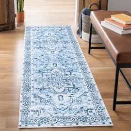 Bloom Rugs Caria Washable Non-Slip 12 ft Runner - Blue Traditional Runner for Entryway, Hallway, Bathroom, and Kitchen - Exact Size: 2'6" x 12'