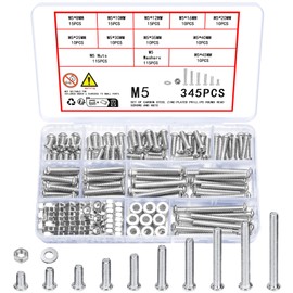 Vwoqiy 345 Pcs M5 Screws Set, Pan Head Machine Screws Bolts and Nuts and Washers Assortment Kit, Assorted Galvanized Round Head Cross Pan Head Screws Bolts and Nuts Sets (silvery 345)