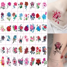 Unbranded Women Temporary Tattoos 30 Sheets Mixed Rose Flower Butterfly Fake Body Stickers