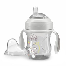 Chicco Vaso de Transición, Vaso antigoteo para bebé de 200 ml, con boquilla ergonómica de silicona, doble válvula antigoteo y 0% BPA, 4M+, Gris