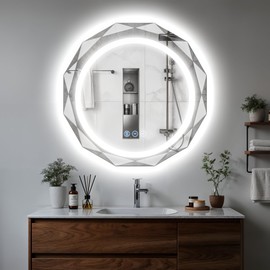 Homsion 24 Inch Round LED Bathroom Mirror with Lights, Frameless Vanity LED Mirror for Bathroom with Beveled Edge, Backlit Anti-Fog, Dimmable, 3 Colors, Memory Function, Tempered Glass, Shatter-Proof