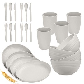24pc Wheat Straw Dinnerware Sets for 4 Lightweight & Unbreakable Dishes Microwave & Dishwasher Safe Perfect for Camping, Picnic, RV, Dorm Plates, Cups and Bowls (Beige, 24pc)