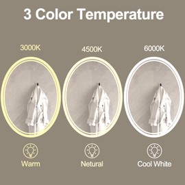 BuLife 28 x 20 inch Oval LED Bathroom Mirror Anti-Fog 3 Colors Light Dimmable Wall Mounted Lighted Bathroom Vanity Mirror Memory Makeup Mirror Touch Switch