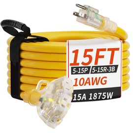 PlugSaf 15 FT 10 Gauge Outdoor Extension Cord with Multiple Outlets Light Indicator, Flexible 3 Outlet Weatherproof Heavy Duty Extension Cord Waterproof Yellow, 15A 1875W 10AWG SJTW, ETL Listed