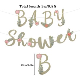 Baby Shower Bunting Banner, Baby Bunting Garland Hanging Decoration with Floral Cut-Outs Baby Shower Banner Green for Birthday Party Backdrop Decoration