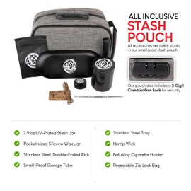 Sky High Stash Pouch -Lock, Grinder, Silicone Jar, Double-Ended Pick, Storage Tube, Tray, Lighter Holder, Hemp Wick, Bat Cigarette Holder, Ziplock Bag