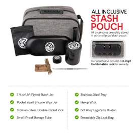 Sky High Stash Pouch -Lock, Grinder, Silicone Jar, Double-Ended Pick, Storage Tube, Tray, Lighter Holder, Hemp Wick, Bat Cigarette Holder, Ziplock Bag
