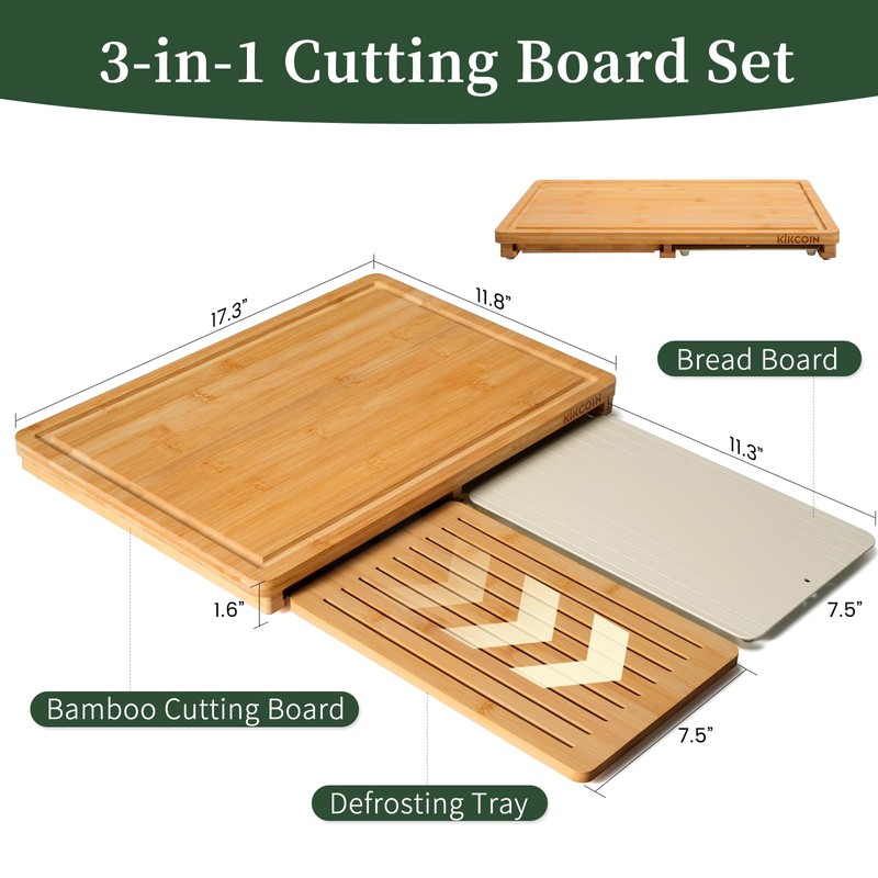 Kikcoin Bamboo Cutting Board Set with Defrosting Tray, Wood Cutting