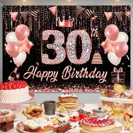 Royaya Happy 30th Birthday Banner, Rose Gold and Black Birthday Decorations, 150 x 110 cm, Fabric Birthday Backdrop Banner for Outdoor Yard Garden Table Wall Decor ，Party Supplies for Women Girls