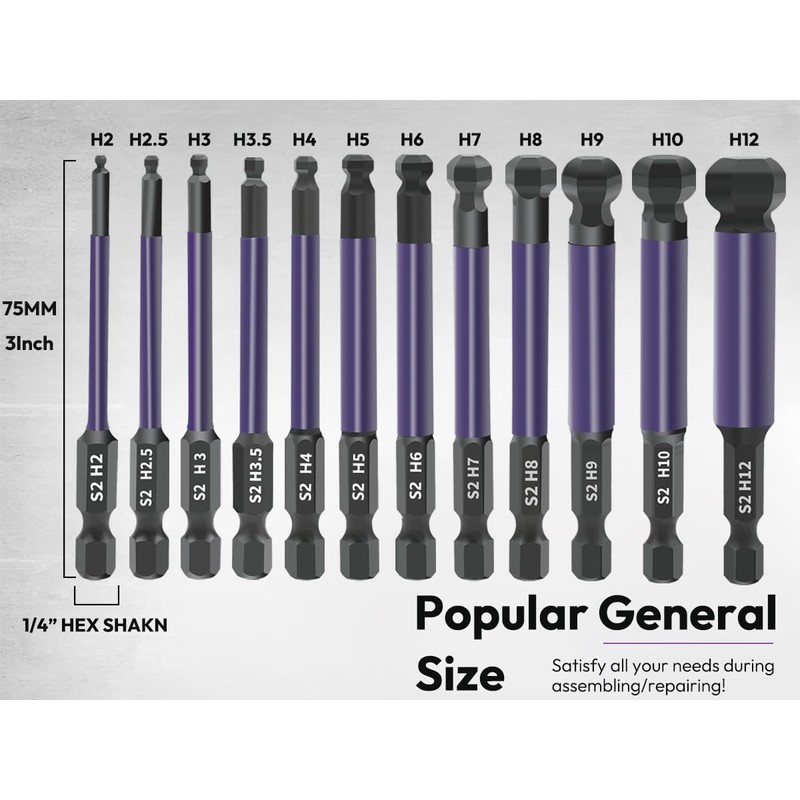 Saipe 12pcs Ball End Hex Bit Set, 75mm/3" Length Ball