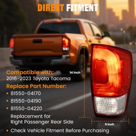 BeamTrack Tail Lights Assembly Compatible with Toyota Tacoma 2016-2023 Right Passenger Side Rear Taillight Brake Signal Assemblies with Bulbs, Replace 81550-04170 81550-04190 81550-04220