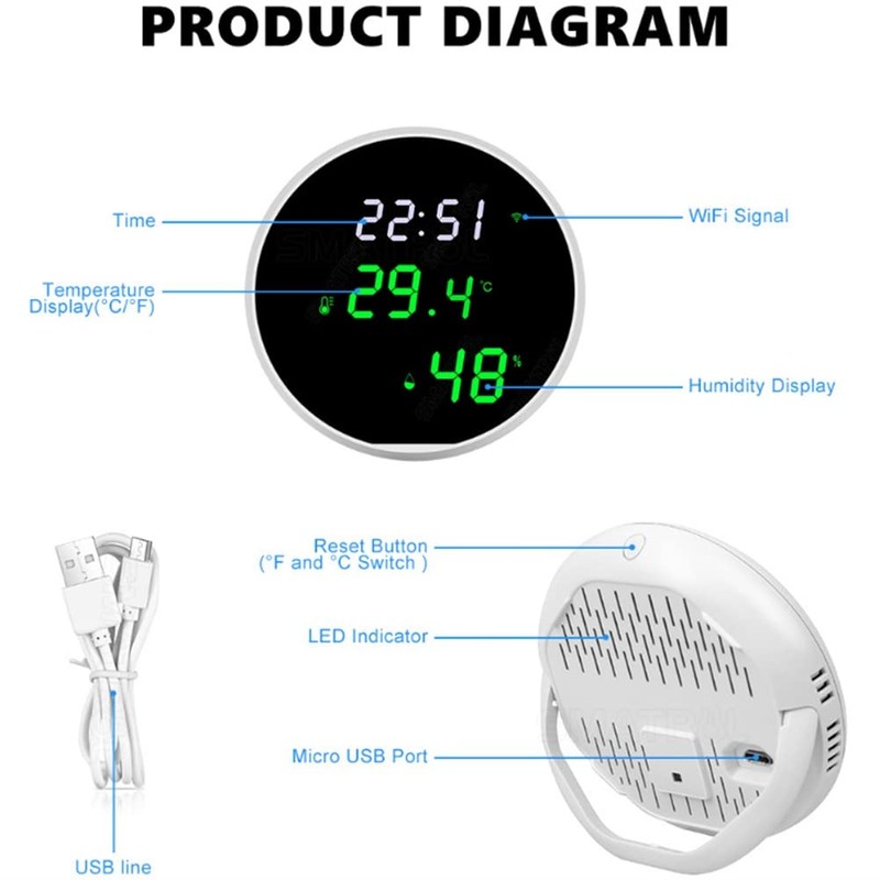 WiFi Room Thermometer Smart Temperature Humidity Monitor with LED Backlit