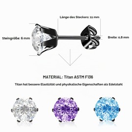 Artskin 3 Pairs Titanium Medical Steel and AAAA+ Cubic Zirconia Stud Earrings for Women Hypoallergenic Gift for Girls (6mm, Black)