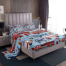 Feelyou Cartoon Police Car Sheet Set Red Fire Truck Bed Sheets for Kids Boys Toddler Fire Extinguisher Bed Set Airplane Bedding Sheets 1 Bed Sheets with 2 Pillowcases Full Size