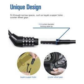 NDakte Bike Lock, Extra Long Straight Cable Lock(6ft to 27ft) with Resettable Combination, Unique Male Narrow Designed to Especially Suitable for Kayak, Scooter and Paddle Boards Canoe Jet Ski