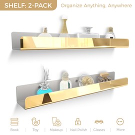 RORKIM 2 Pack 24 Inch Gold Reflective Acrylic Shelves, Gold Foating Shelves, Modern Sunglasses Essential Oil Picture Ledge Display Toy Storage Shelf